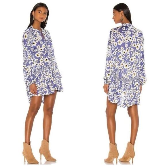 Free People Love Letter Tunic Top Mini Dress Sz S Blue Floral Long Sleeve - Picture 2 of 14
